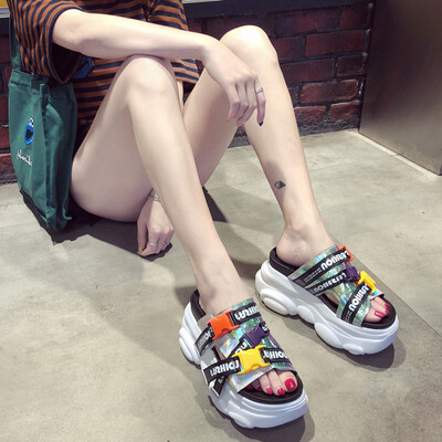 

European Station Muffin Thick-soled Sandals Womens Summer Street Painting Colour Alphabet Heavy-duty Roman Shoes