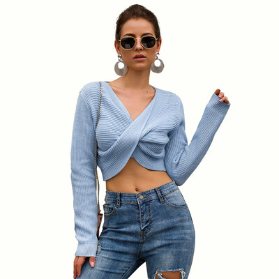 

Women Autumn Solid Color Short Style Cross Slim Fit Long Sleeve Sweater