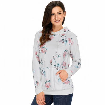 

Grey floral print long sleeve with pocket hooded sweater casual top