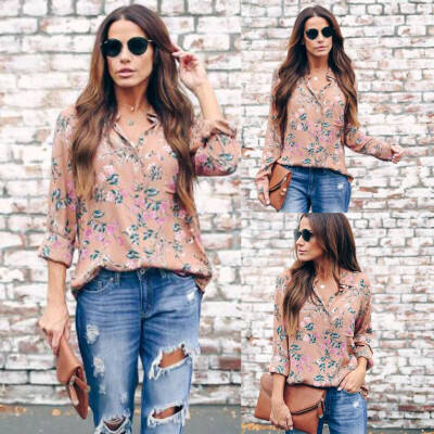 

Gobestart Fashion Women Turn-Down Collar Botton Long Sleeve Floral Printed Casual Blouse