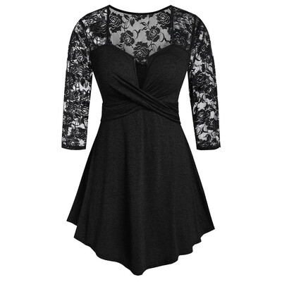 

Tailored Women Vintage Long-sleeved Insert Front Twist Keyhole Waist Lace Stitching Tops