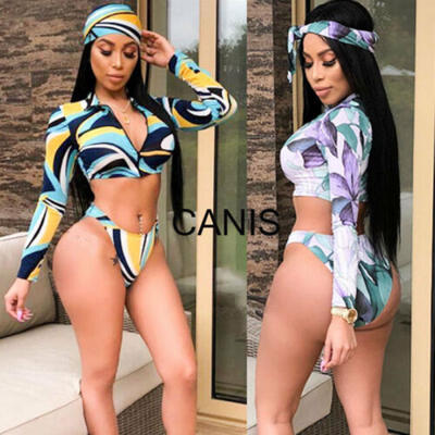 

Sexy Womens Long Sleeve Print Zipped Bikini Set Summer Beach Swimsuit 3pcs US