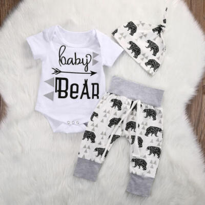 

USA 3Pcs Newborn Infant Baby Boy Girl Clothes Bear TopsPants Toddler Outfit Set