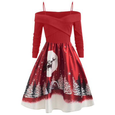 

Gobestart Women Casual Christmas Day Long Sleeve Print Dress Plus Size Party Dress