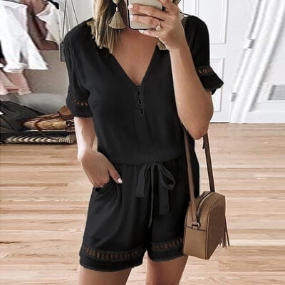 

Starmoon Womens Casual Lace Patchwork V-Neck Short Sleeve Romper with Pockets Playsuits