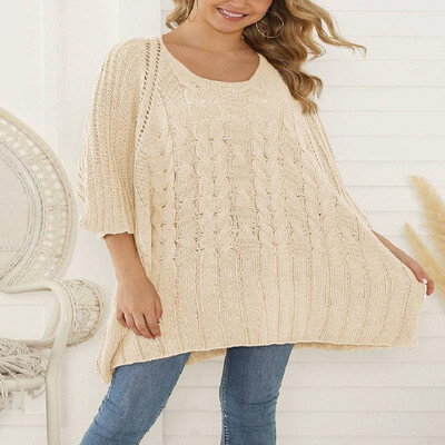 

Solid Cable Eyelets Scoop Three-quarter Batwing Sleeves Knit Sweater
