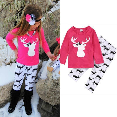 

2PCS Baby Kids Girls Set Deer Tops T-shirtsPants Clothes Outfits Autumn Fit For 1-5Y