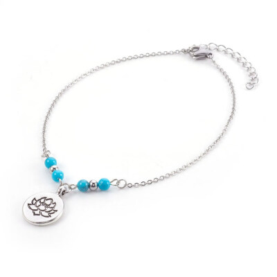 

Synthetic Turquoise Charms Anklets with Tibetan Style Alloy Pendants 304 Stainless Steel Findings&Iron Eye Pin Flat Round w