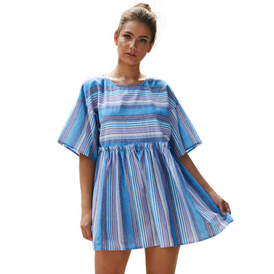 

Summer stitching color striped round neck half sleeve loose dress
