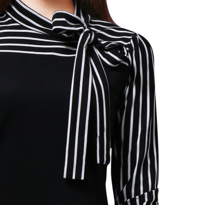 

Roseonmyhand Women Tie-Bow Neck Striped Long Sleeve Splicing Shirt Blouse