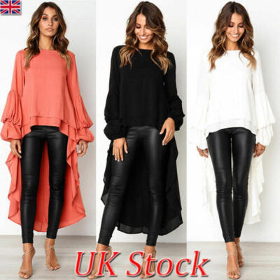 

UK Womens Puff Sleeve Baggy Asymmetric Chiffon Long Tops Blouse Ladies Shirts