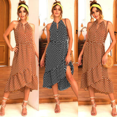 

Women Polka dot Ruffle Sleeveless Halter Neck Swing Party Dress Casual Sundress