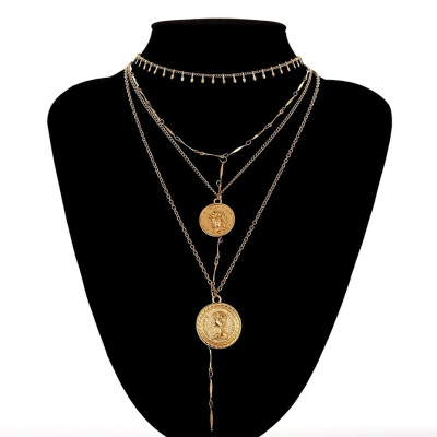 

Multilayer Carved Coin Choker Necklace Vintage Alloy Beads Angel Sun Flower Pendant Long Necklace Women Jewelry 2019