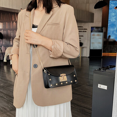 

Tailored Fashion Women Rivets Bag Solid Color Messenger Bag Shoulder Bag Hasp HandBag