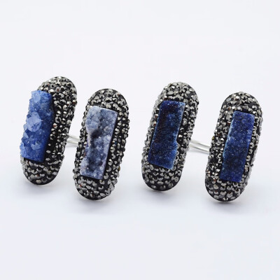 

Electroplated Natural Druzy Quartz Cuff Rings with Polymer Clay Czech Rhinestone&Brass Findings Lead Free & Cadmium Free & N