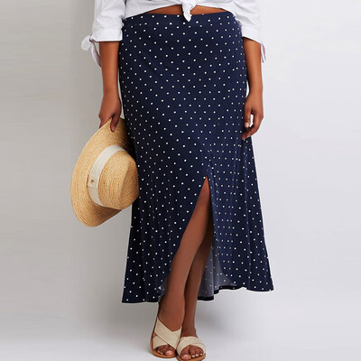 

Roseonmyhand Women High Waist Plus Size Dot Waist Slit Long Skirt Sexy Uniform Pleated Skirt