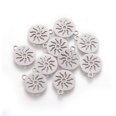 

304 Stainless Steel Charms Flat Round with Sun Stainless Steel Color 14x12x1mm Hole 15mm