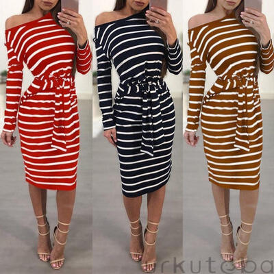 

Womens Long Sleeve Bodycon Midi Dress Off Shoulder Evening Party Stripes Dresses S-2XL