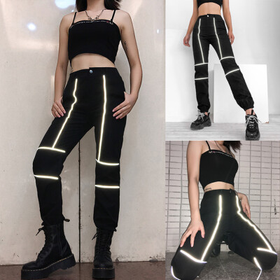 

Women Reflective Casual Harem Pants Sweatpants Wild Belt Hip-Hop Active Trousers