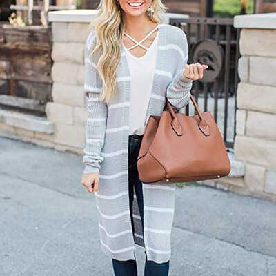 

Tailored Women Long Sleeve Striped Open Front Casual Knitted Outerwear Cardigan Sweater
