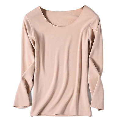 

Fashion Women Autumn Solid Color T-Shirt Seamless O Neck Long Sleeve Warm Thin Soft Bottoming Top