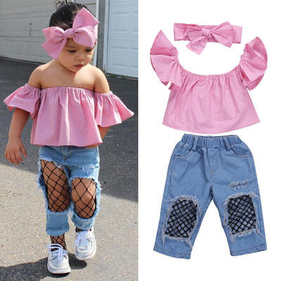 

Stylish Toddler Girls Kids Off Shoulder Tops Ripped Pants Jeans 3Pcs Outfits Set