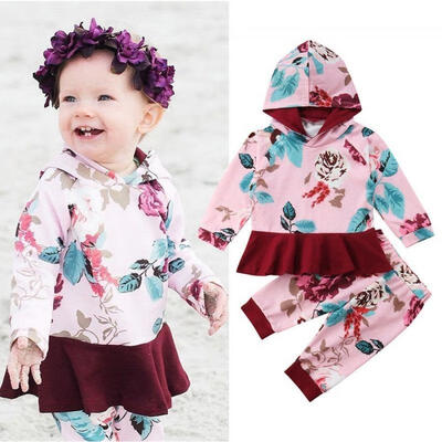 

Toddler Baby Kids Girls Floral Hooded Tops Pants Outfits Set Clothes