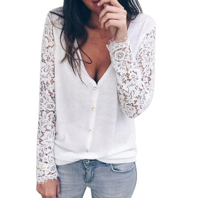 

Women Autumn Solid Color Lace Patchwork Hollow T-shirts V-neck Loose Vintage Long Sleeve Button Bottoming Casual Tops Female