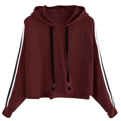 

Hooded Drawstring Sweatshirt Striped Sleeve Crop Hoodies Women Burgundy Casual Tracksuit Autumn Sportswear Pullover Sweatshirts