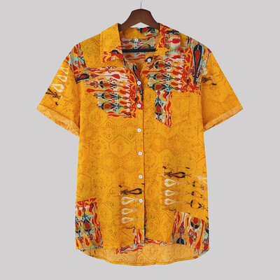 

Tailored Mens Ethnic Printed Stand Collar Colorful Stripe Short Sleeve Loose Shirt