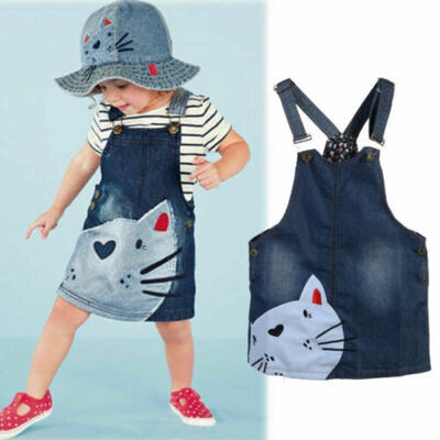 

Summer Cute Cat Baby Kids Girls Toddler Denim Jeans Overalls Dress Clothes 2-7Y