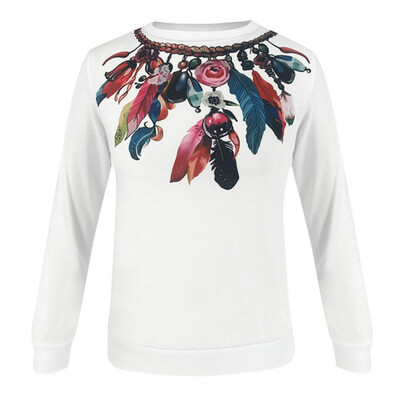 

Women T-Shirt Fashion Tops Round Collar Autumn Cartoon Feather Print Loose Long Sleeve Casual Simple Wild T-Shirt