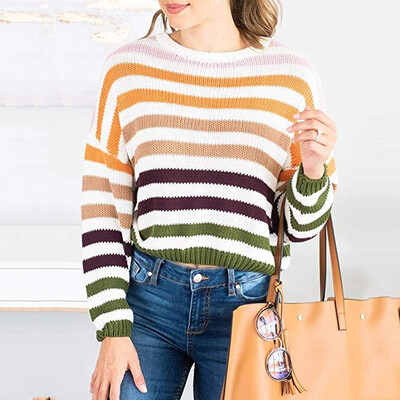 

Gobestart Women O-Neck Striped Color Block Sweater Knitwear Patchwork Pullover Tops