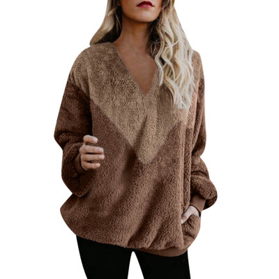 

Women Solid Color Loose Hooded Pocket Long-Sleeved Plush Sweater Coat Top Blouse