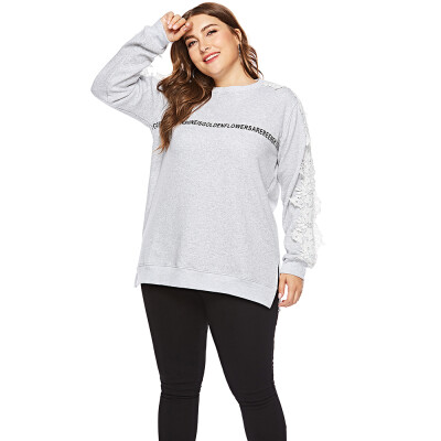 

Crew Neck Long Sleeve Spliced Lace Print Slit Plus Size Women Sweatshirt