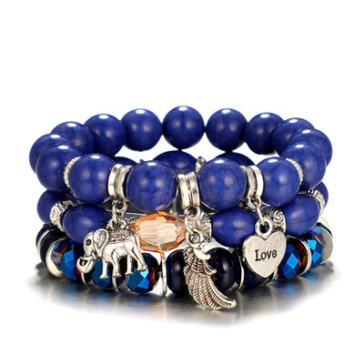 

Fashion Multilayer Natural Stone Crystal Bangle Wing Love Elephant Women Jewelry
