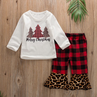 

2pcs Newborn Kids Baby Girls Christmas Tops Plaids Leopard Pants Outfits Set