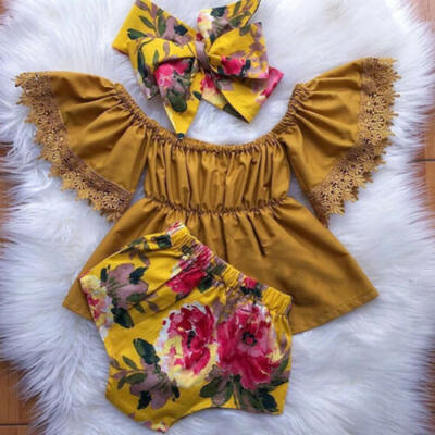 

3PCS Toddler Kids Baby Girls Clothes Lace Tops SkirtFloral Pants Summer Outfits