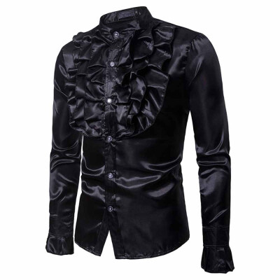 

Men Silky Satin Dress Shirt Top Ruffle Collar Fancy Stage Costume Sexy Tops