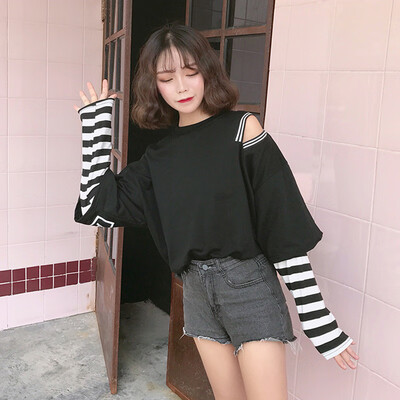 

Women Elegant New Style Fashion Design Korean New Loose Fake Two T-shirt Letters Printed Irregular Strapless Shirt Black