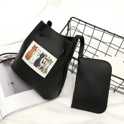 

Cute Women Crossbody Bag Two Piece Set Contrast Cats Print Drawstring Shoulder Messenger Bag Clutch Bag