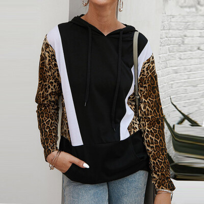 

Tailored Women Casual Long Sleeve Leopard Pocket Hooded Patchwork Sweatershirt Tops