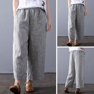 

Womens Casual Striped Pants Wide Legs Oversize Stripe Elastic Waist Trousers