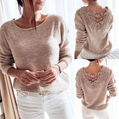 

US Elegant Lace Stitching Backless Pullover Women Long Sleeve O Neck Tops Shirts