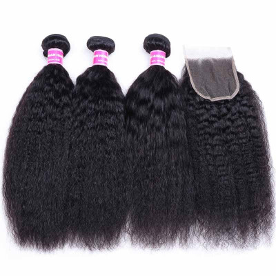 

UNice Hair with Closure 8A Brazilian Kinky Straight Human Hair 3 Bundles with Lace Closure 4"4"