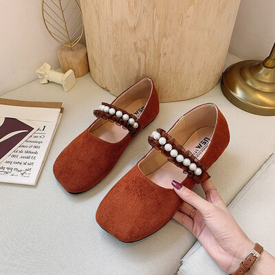 

Summer&autumn matching skirt retro square Pearl elastic belt shallow flat bottom Mary Jane single shoe suede