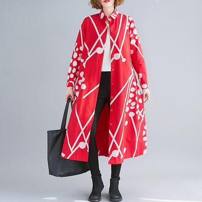 

Women Vintage Plus Size Long Shirt Geometry Print Turn-down Collar Long Sleeve Button Loose Outwear BlackRed