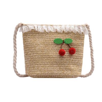 

Women Straw Crossbody Bag Lovely Cherry Lace Bucket Bags Ladies Small Vintage Woven Messenger Shoulder Bag YJ