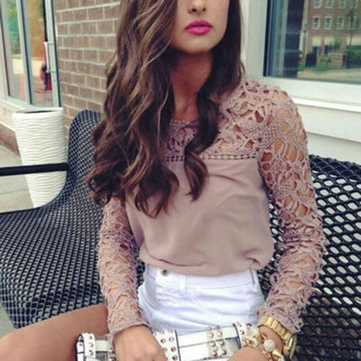 

Women Lace Floral Long Sleeve Round Collar Shirt Blouse Office Lady Shirt