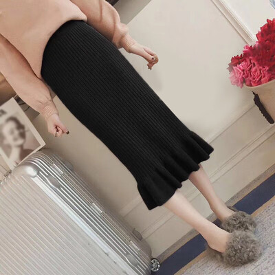 

Womens Autumn & Winter Knitted Long Skirt High Waist Ruffled Slim Bodycon Skirt